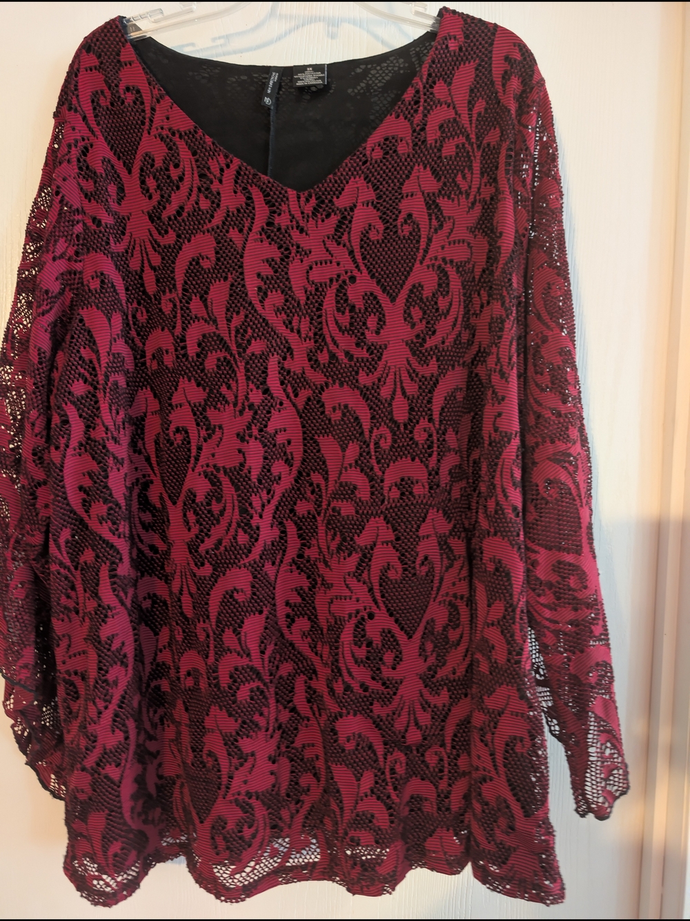 New Directions Burgundy Lace Long Sleeve V-Neck Dress with Black Underlayer